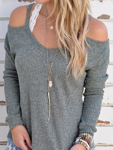 Solid Color Spaghetti-neck Long Sleeve Knit Sweater Tops