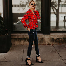 Load image into Gallery viewer, Print Deep V Neck Long Sleeve Belted Top Blouse