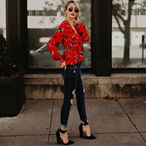 Print Deep V Neck Long Sleeve Belted Top Blouse