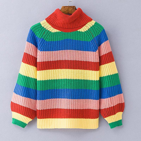 Rainbow Turtleneck Winter Jumpers Knitted Striped Oversize Pullover Sweater