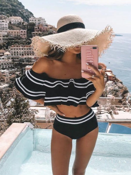 Classical Color Two Pieces Bikini Split Hot Selling Stripes High Waist Sexy Bikini Female Swimsuit