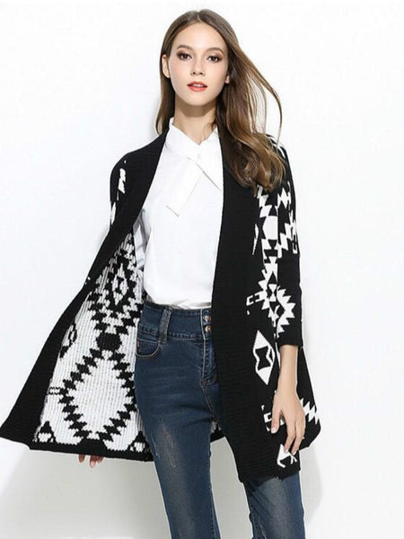 Medium length diamond jacquard cardigan sweater coat