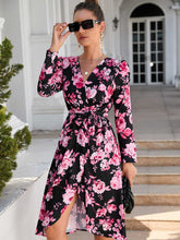 Load image into Gallery viewer, Printed nipped-in waist V-neck split long sleeve dress