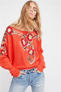 Bohemian national style crew neck flower embroidery thread loose sweater coat