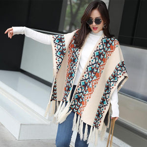 Autumn Tibetan Ethnic Tassel Split Thick Knit Shawl Cloak Scarf