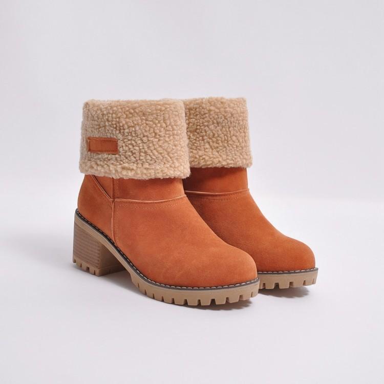 Brushed Thickness Solid Color Round Toe Flock Short Boots