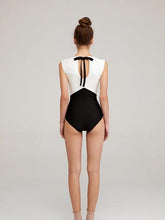 Load image into Gallery viewer, New Solid Color Black and White Stitching Bikini One-piece Triangle Swimsuit