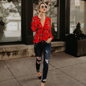 Print Deep V Neck Long Sleeve Belted Top Blouse