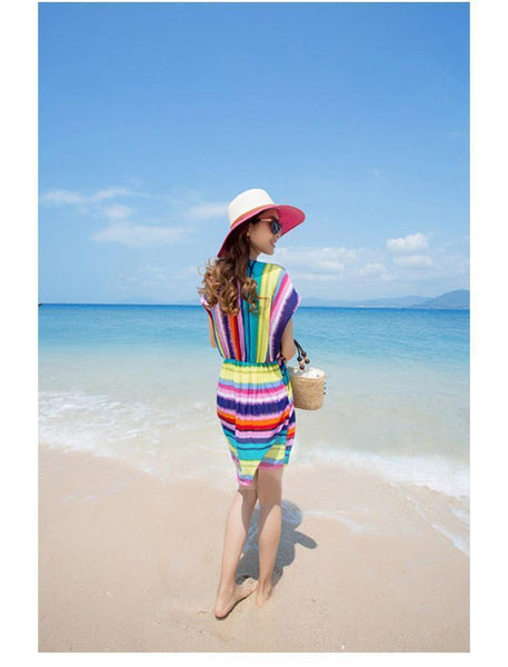 Stripe Deep V Beach Bikini Blouse Mini Dress