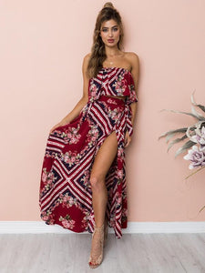 Printed Off Shoulder Tops High Waist Side Split Maxi Skirt Two Pieces Set