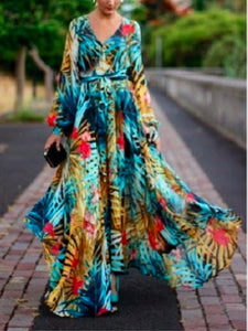 Chiffon Long Sleeves Dress Robe V Neck Floral Bohemian Boho Dress Long Dress Big Hem Maxi Dress