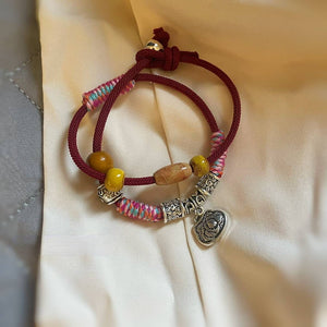 Tibetan Element New Style Woven Rope Bracelet Double Layer Retro Personalized Wooden Beads Design Feeling Pendant Bracelet National Style