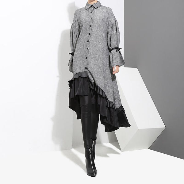 Dress temperament women's long sleeve ruffled shirt dress.