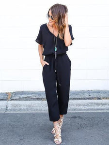 V Neck Short Sleeve Solid Color Jumpsuit Romper