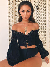 Load image into Gallery viewer, Sexy Off Shoulder Puff Sleeve Vintage Hollow Shirts Tops Blouse