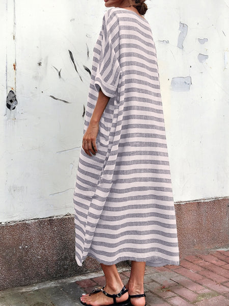 Casual Oversized Striped Round Neck Pocket Long Dress