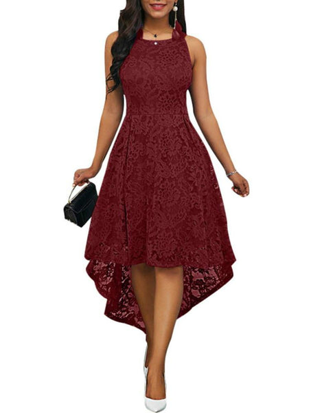 new Party Summer Vintage Plus Size Women Solid Color Lace High Low Sleeveless Dress