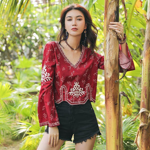 Autumn Ethnic Style Bohemian Embroidery V-Neck Long Sleeve Loose Chiffon Top