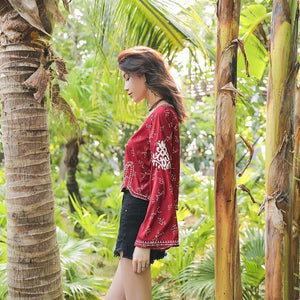 Autumn Ethnic Style Bohemian Embroidery V-Neck Long Sleeve Loose Chiffon Top