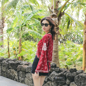 Autumn Ethnic Style Bohemian Embroidery V-Neck Long Sleeve Loose Chiffon Top