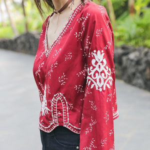 Autumn Ethnic Style Bohemian Embroidery V-Neck Long Sleeve Loose Chiffon Top