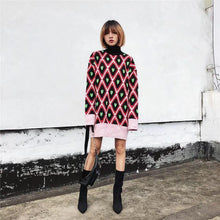 Load image into Gallery viewer, Fashion European And American Style High Collar Embroidery Contrast Color Love Geometry Pullover Sweater Top