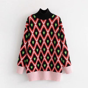 Fashion European And American Style High Collar Embroidery Contrast Color Love Geometry Pullover Sweater Top
