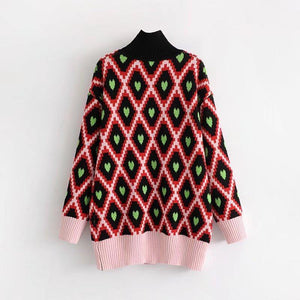 Fashion European And American Style High Collar Embroidery Contrast Color Love Geometry Pullover Sweater Top