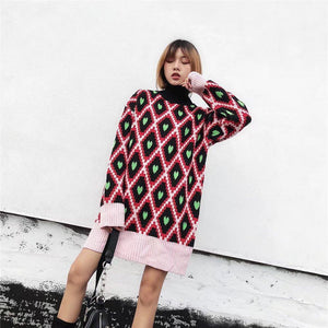 Fashion European And American Style High Collar Embroidery Contrast Color Love Geometry Pullover Sweater Top
