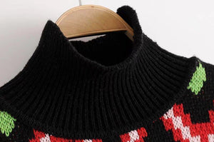 Fashion European And American Style High Collar Embroidery Contrast Color Love Geometry Pullover Sweater Top
