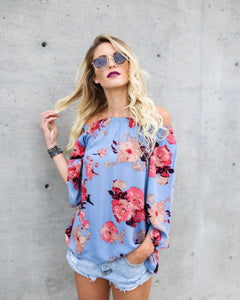 Bohemian Off-The-Shoulder Long Sleeve Print Chiffon Top