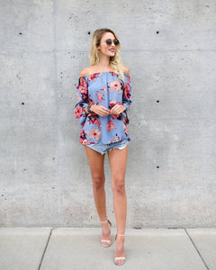 Bohemian Off-The-Shoulder Long Sleeve Print Chiffon Top
