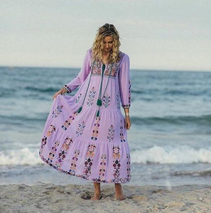 Print Long Sleeve Embroidered Bohemia Beach Maxi Dress