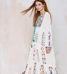 Print Long Sleeve Embroidered Bohemia Beach Maxi Dress