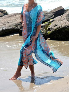 2018 New Chiffon Print Short Sleeve Plus Size Beach Maxi Dress