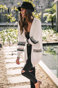 Pocket Stitching Long Sleeve Tassel Cardigan Sweater