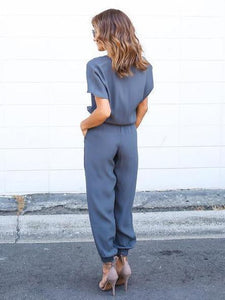 V Neck Short Sleeve Solid Color Jumpsuit Romper