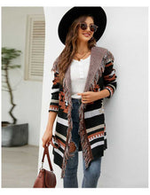 Load image into Gallery viewer, Autumn and Winter Loose Hooded Long Sweater Coat Tassel Geometric Jacquard Sweater Cardigan
