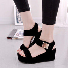 Load image into Gallery viewer, Black Pu Korean Style Metal Platform Hook Loop Peep Toe Gladiator Sandals