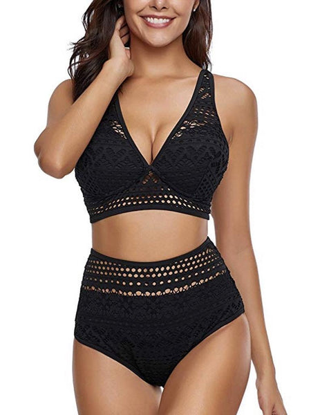 Women's Two Pieces Crochet Lace High Waist V Neck Bikini Set