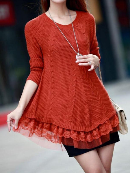 Women Long Sleeve Lace Stitching Pure Color Knitted Sweaters