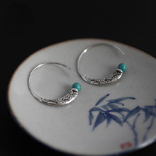 Load image into Gallery viewer, Blue Tibetan Silver National Handmade Retro Style Earrings Carved Turquoise Chinese Style Earrings