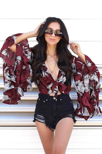 Flared Sleeve Ruffled Irregular V-Neck Top