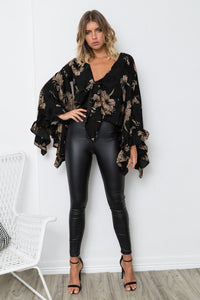 Flared Sleeve Ruffled Irregular V-Neck Top