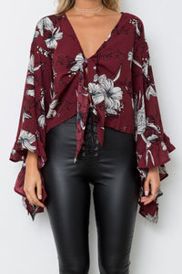 Flared Sleeve Ruffled Irregular V-Neck Top