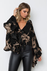 Flared Sleeve Ruffled Irregular V-Neck Top