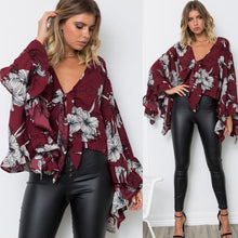 Load image into Gallery viewer, Flared Sleeve Ruffled Irregular V-Neck Top