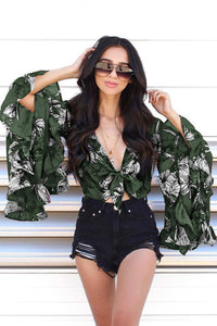 Flared Sleeve Ruffled Irregular V-Neck Top