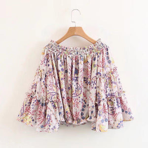 Spring Off-The-Shoulder Trumpet Sleeves Printed Tops