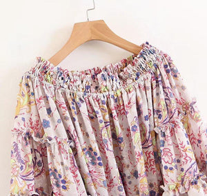 Spring Off-The-Shoulder Trumpet Sleeves Printed Tops